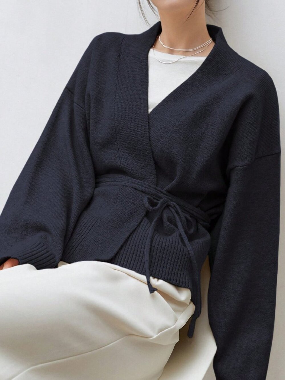 Navy Blue Casual Women's Drop Shoulder Belted V Neck Long Sleeve Cardigan Tops - Picture 4 of 5